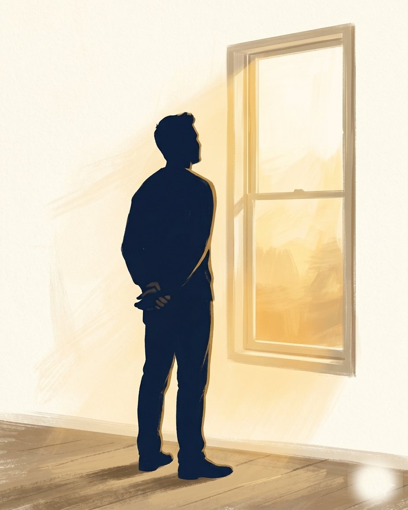 A figure standing at a tall window in warm afternoon light