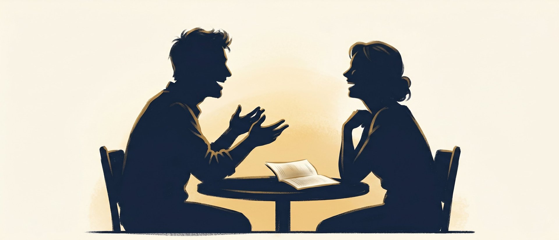 Two figures across a table in animated conversation, an open book between them