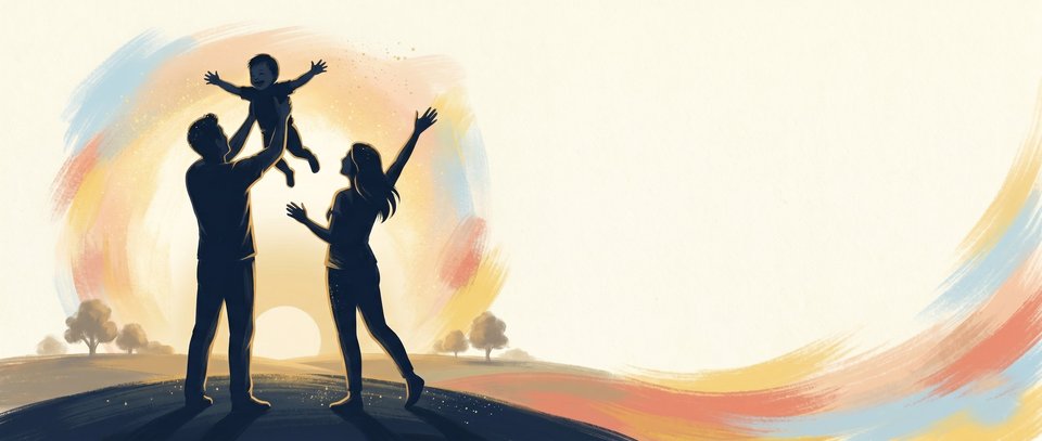 A family celebrating together at sunrise, child lifted joyfully into the air