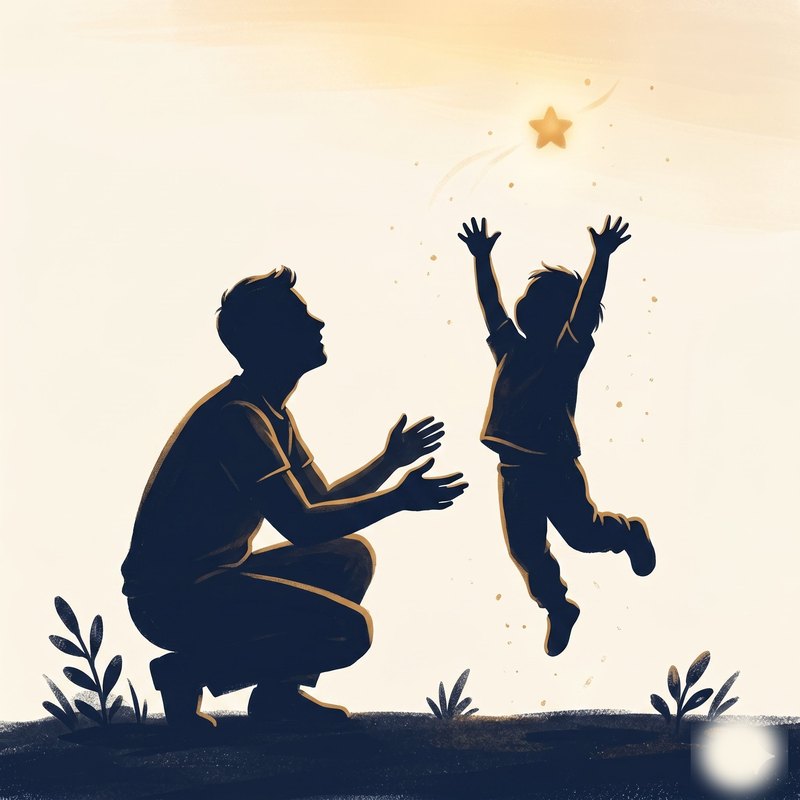 A parent kneeling as a child leaps with arms reaching for a glowing star above