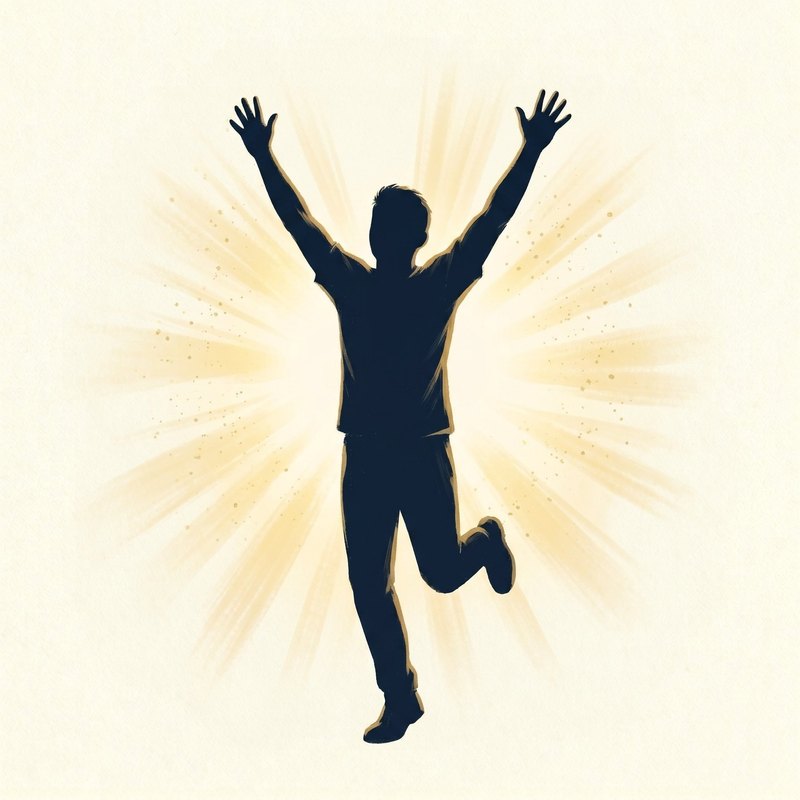 A figure leaping with arms raised in triumph, sunlight radiating behind