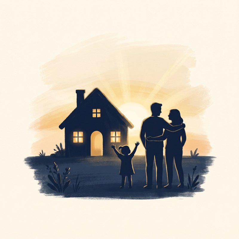 Silhouette of a family of three in front of a small home glowing with warm interior light