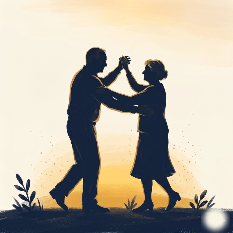 Silhouette of an older couple dancing together against a warm sunset