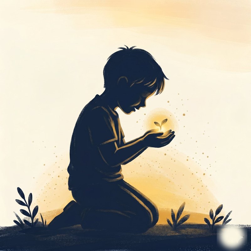 A child kneeling, holding a small glowing seedling in cupped hands